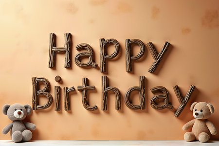 Happy Birthday spelled out with rustic twigs and adorable teddy bears, creating a charming birthday greeting.の素材