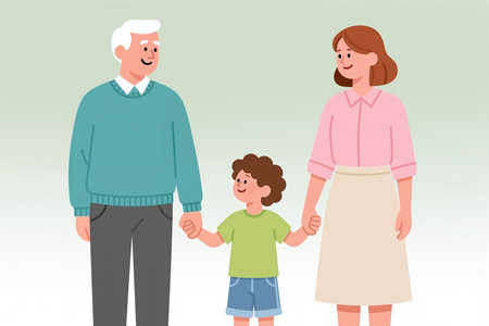 Illustration of a smiling grandfather, grandmother, and grandson holding hands, depicted in a simple, flat style against a soft green and white gradient background.の素材