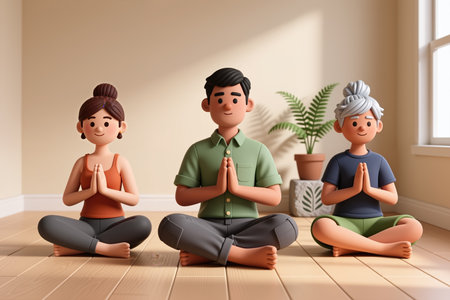 Family of three sitting cross-legged on a wooden floor, hands clasped, in a peaceful, sunny room with a plant in the background, depicted in a cartoon style.の素材