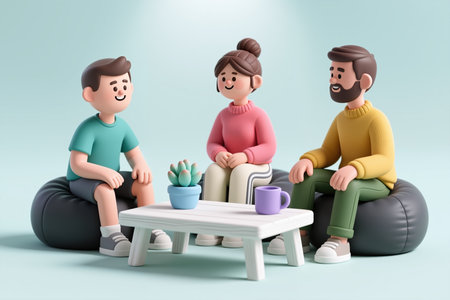Three cartoon characters, a man, woman, and bearded man, sit on bean bags around a coffee table with a plant and mug, in a minimalist, pastel-colored setting.の素材