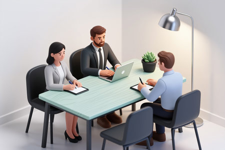 People collaborating in a modern office setting with digital devices and a lamp.の素材