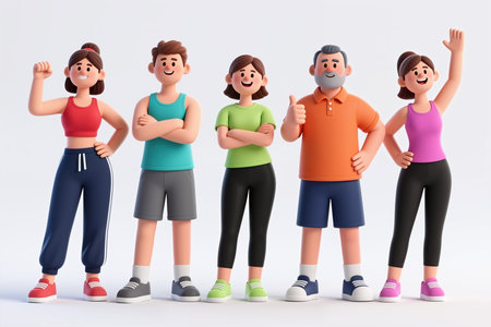 Five cartoon characters in sporty attire standing together, smiling and celebrating, in a cheerful, animated style against a plain white background.の素材
