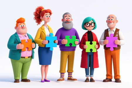 Five cartoon characters standing in a line, holding different colored puzzle pieces, against a plain white background, symbolizing unity and collaboration.の素材