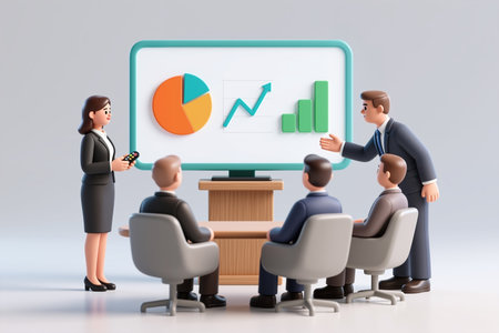 A man and woman presenting colorful graphs on a large screen to three seated colleagues in a modern office setting with a minimalist style.の素材