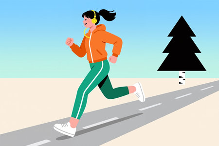 Cartoon woman running on a road, wearing headphones and orange hoodie, green pants, in a simple, flat style, with a tree in the background.の素材