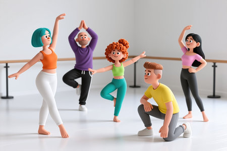 Five cartoon characters in a dance studio, wearing workout clothes, performing various yoga poses and one kneeling, with a white background and ballet barre.の素材
