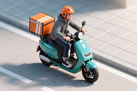 Rider on teal scooter with large orange delivery box on back, wearing gray hoodie and orange helmet, on city street with sidewalk and tile background.の素材