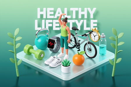 Cartoon woman in yoga pose on a platform with exercise equipment, bicycle, and healthy items, against a green gradient background, promoting a healthy lifestyle.の素材