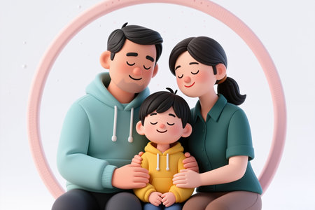 Cartoon family illustration, embracing and smiling, in a minimalist style, with a soft pink circular frame and a white background.の素材