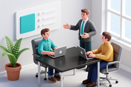 Detailed scene of three men in business casual attire gathered around a table with laptops, engaged in conversation, with office background and plant.の素材