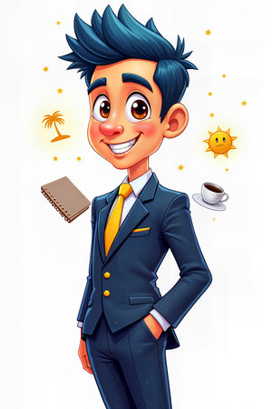A cheerful businessman in a blue suit and yellow tie, depicted in a cartoon style, holding a notebook and surrounded by symbols of travel and relaxation.の素材