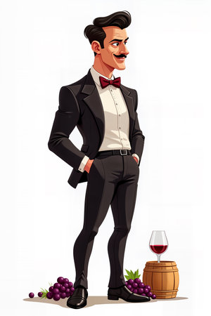 A cheerful sommelier, illustrated in a cartoon style, stands confidently in a formal suit with a bow tie, beside a wine glass and grapes.の素材