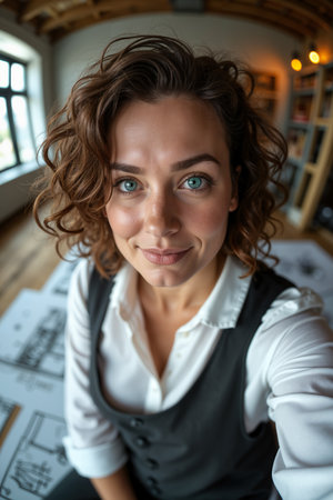 A young woman with curly hair, wearing a white blouse and gray vest, is seated on a wooden floor, smiling at the camera while surrounded by architectural drawings.の素材