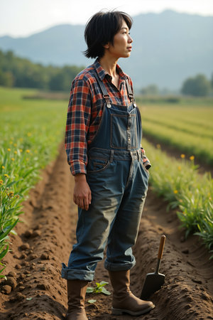 Woman, presumably a farmer, stands in a field with her hands on her hips, looking out towards the horizon, wearing overalls and boots, suggesting she is engaged in agricultural work.の素材
