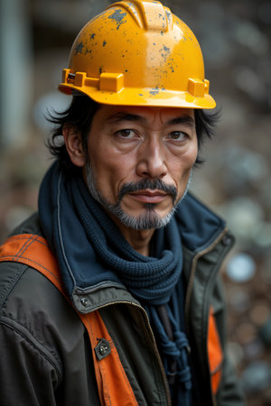 Man wearing a hard hat and a high-visibility vest, suggesting he is likely a construction worker or involved in some form of industrial work.の素材