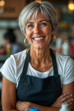 Smiling, short-haired woman wearing a white shirt and black apron, likely a chef or cook, stands behind a counter with various bottles and containers.の素材
