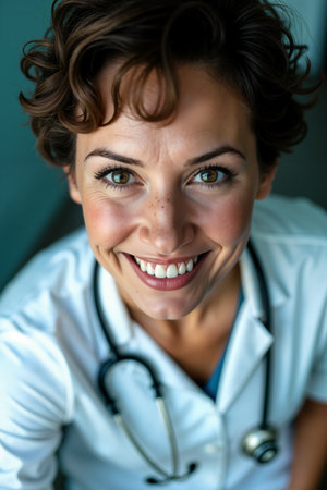 Smiling woman wearing a white coat with a stethoscope around her neck, suggesting she is a healthcare professional.の素材