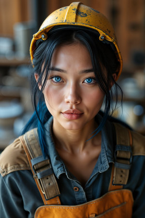 A young woman with striking blue eyes and a hard hat, wearing a work uniform that suggests she might be a construction worker or mechanic.の素材