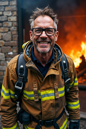 Smiling firefighter, wearing a yellow and black jacket with reflective stripes, stands confidently in front of a blazing fire.の素材