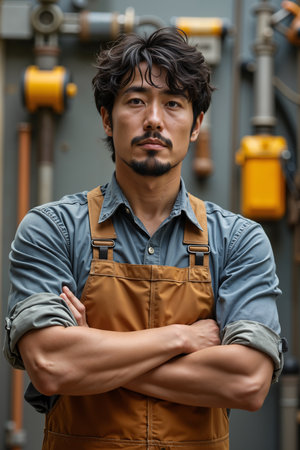 A man with a beard and mustache, wearing overalls and standing confidently against a backdrop of industrial equipment, suggesting he might be a mechanic or technician.の素材