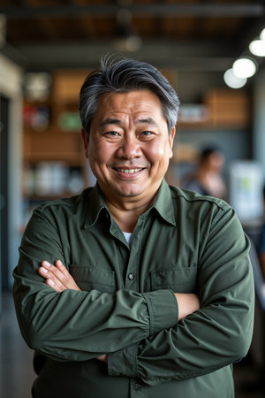 Smiling man with gray hair, wearing a green shirt and standing in front of a bookshelf, appears to be a chef or cook based on his attire and setting.の素材