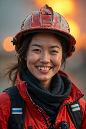 Smiling woman wearing a red hard hat, presumably a firefighter, stands against a backdrop of warm light and silhouetted figures.の素材