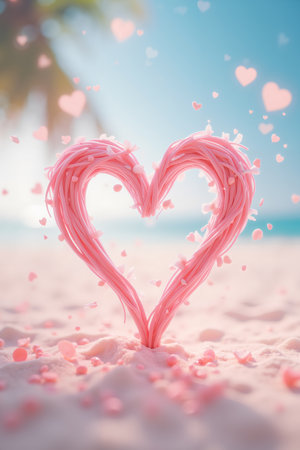 A pink heart drawn in the sand on a beach, with a blue sky and palm trees in the background, featuring a light blue and white color scheme, and a playful, whimsical style.の素材
