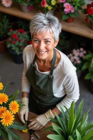 Smiling woman with gray hair, wearing a white shirt and green apron, is standing behind a table filled with various potted plants, suggesting she might be a florist or a plant nursery worker.の素材