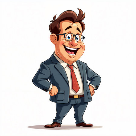 Cartoon of a man wearing glasses, dressed in a suit and tie, standing with his hands on his hips.の素材