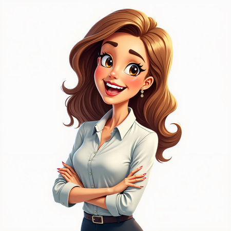 Digital illustration of a female character, who appears to be a young woman with brown hair and big eyes, wearing a white shirt and black pants, standing against a plain background.の素材