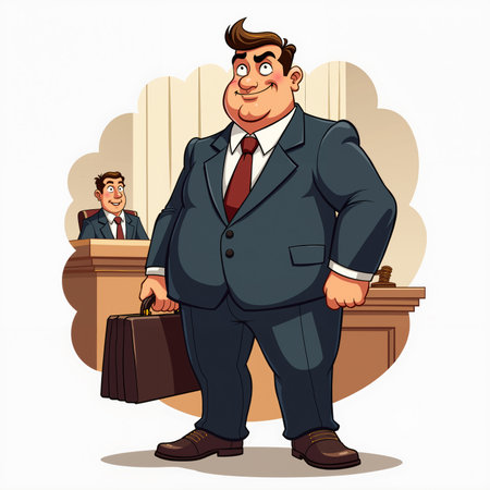 Cartoon man wearing a suit and tie, standing in front of a desk with another man sitting at it, holding a briefcase.の素材
