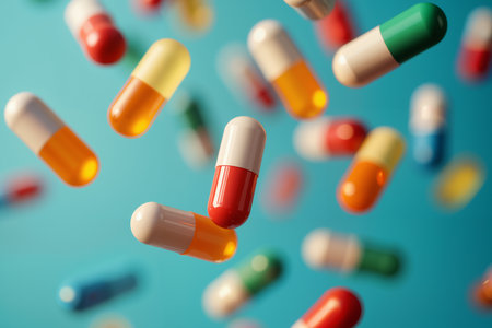 Colorful pills floating against a blue background, with a variety of shapes and sizes, some in sharp focus while others are blurred.の素材