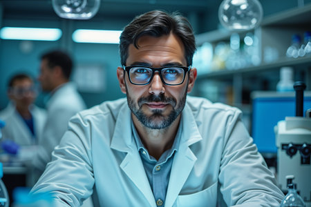 A focused scientist in a lab coat and glasses works in a well-equipped laboratory, surrounded by colleagues and scientific equipment.の素材