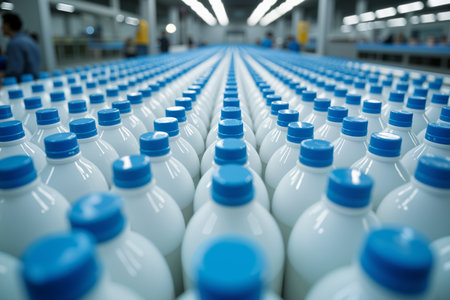 Rows of white bottles with blue caps on a conveyor belt in a factory, with workers in the background.の素材