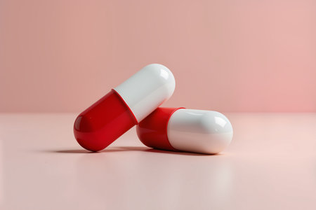 Two red and white capsules lean against each other on a smooth, pink surface, casting subtle shadows.の素材