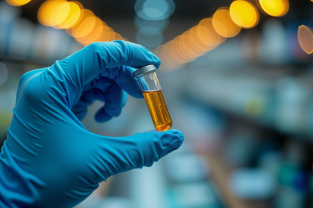 A gloved hand holds a vial containing a yellowish liquid in a laboratory setting with blurred background lights.の素材