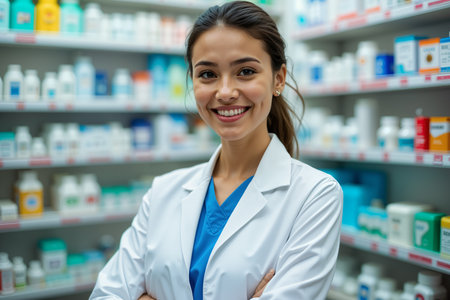 A smiling pharmacist in a white lab coat stands confidently with arms crossed in a well-stocked pharmacy, surrounded by shelves filled with various medications and healthcare products.の素材