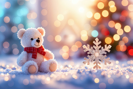 A cute white teddy bear with a red plaid scarf sits on the snow, looking at a sparkling silver snowflake.の素材