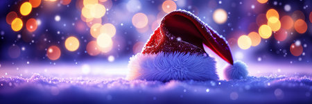 Festive scene with a red Santa hat resting on a snowy surface, surrounded by twinkling lights that create a magical atmosphere.の素材