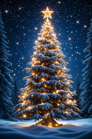 Beautifully lit Christmas tree standing in the snow, surrounded by tall trees and illuminated against a starry night sky.の素材