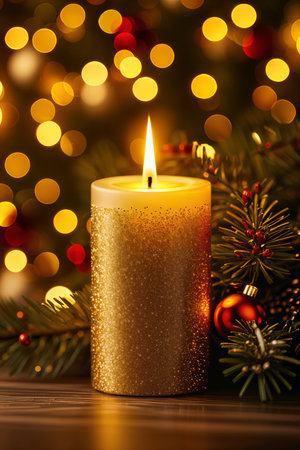 Golden candle with a lit wick, placed on a table adorned with Christmas decorations.の素材