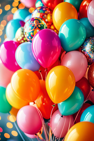 Vibrant and colorful collection of balloons, with various colors such as pink, yellow, blue, and red.の素材