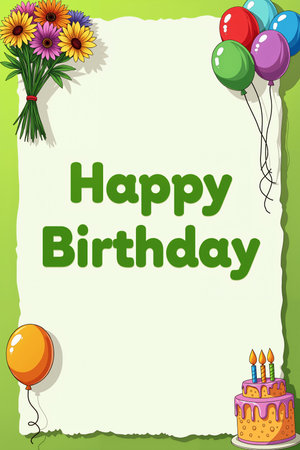 Birthday card, featuring a bouquet of colorful flowers in the top left corner, a pink cake with candles in the bottom right corner, and the words Happy Birthday in green text.の素材