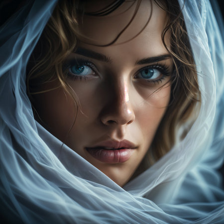 Close-up portrait of a woman with long brown hair, wearing a white veil or scarf over her face and shoulders. Her eyes are blue and she has a soft, gentle expression.の素材