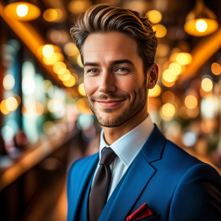 Portrait of a man dressed in formal attire, standing in front of a restaurant with warm lighting and a blurred background.の素材