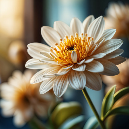 Close-up of a single white flower with a yellow center, surrounded by blurred green leaves and stems.の素材