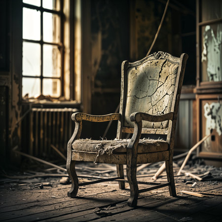 Dilapidated room with a wooden chair sitting in the middle of it, surrounded by debris and rubble.の素材