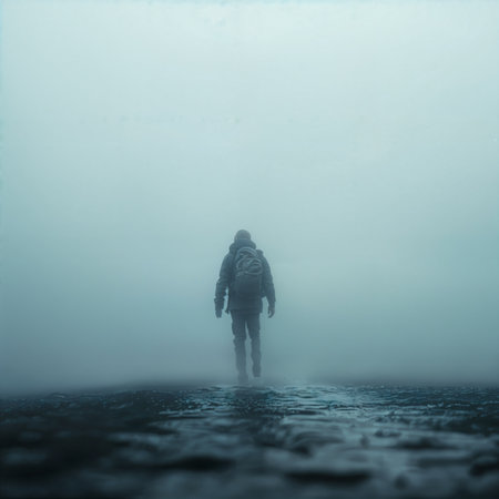Person walking alone on a foggy road, with the fog obscuring the background and creating a sense of solitude and mystery.の素材