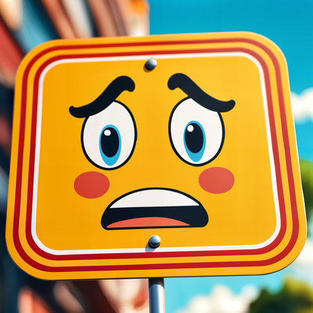 Large, yellow sign with a face drawn on it, placed outdoors near a building.の素材