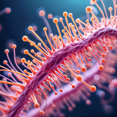 Close-up illustration of a plant with numerous small, orange-colored flowers or buds growing along the length of a thin stem.の素材